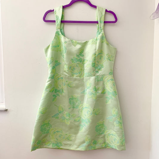 Lulu's Brighter Side Green Floral Satin Jacquard Mini Dress Large