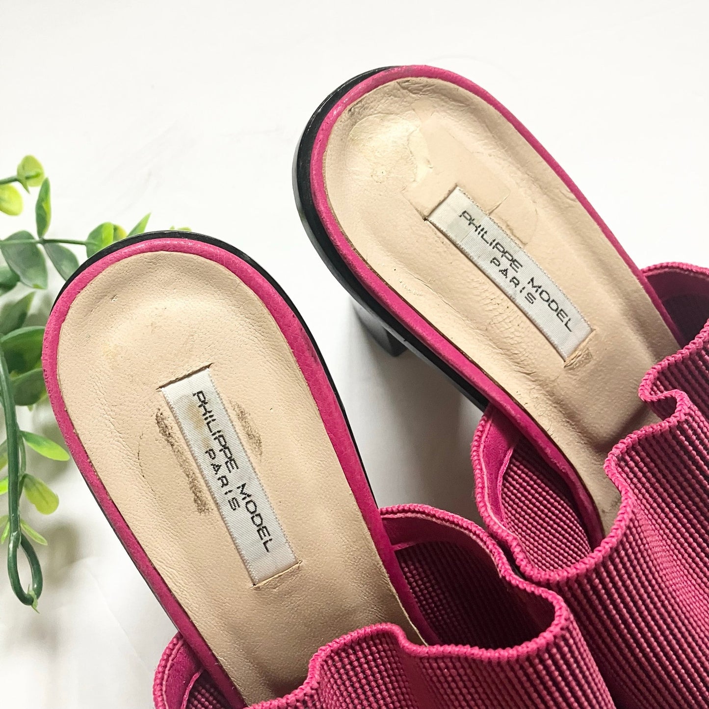Phillipe Model Vintage Pink Ribbed Knit Mule Chunky Heel Leather Sole
