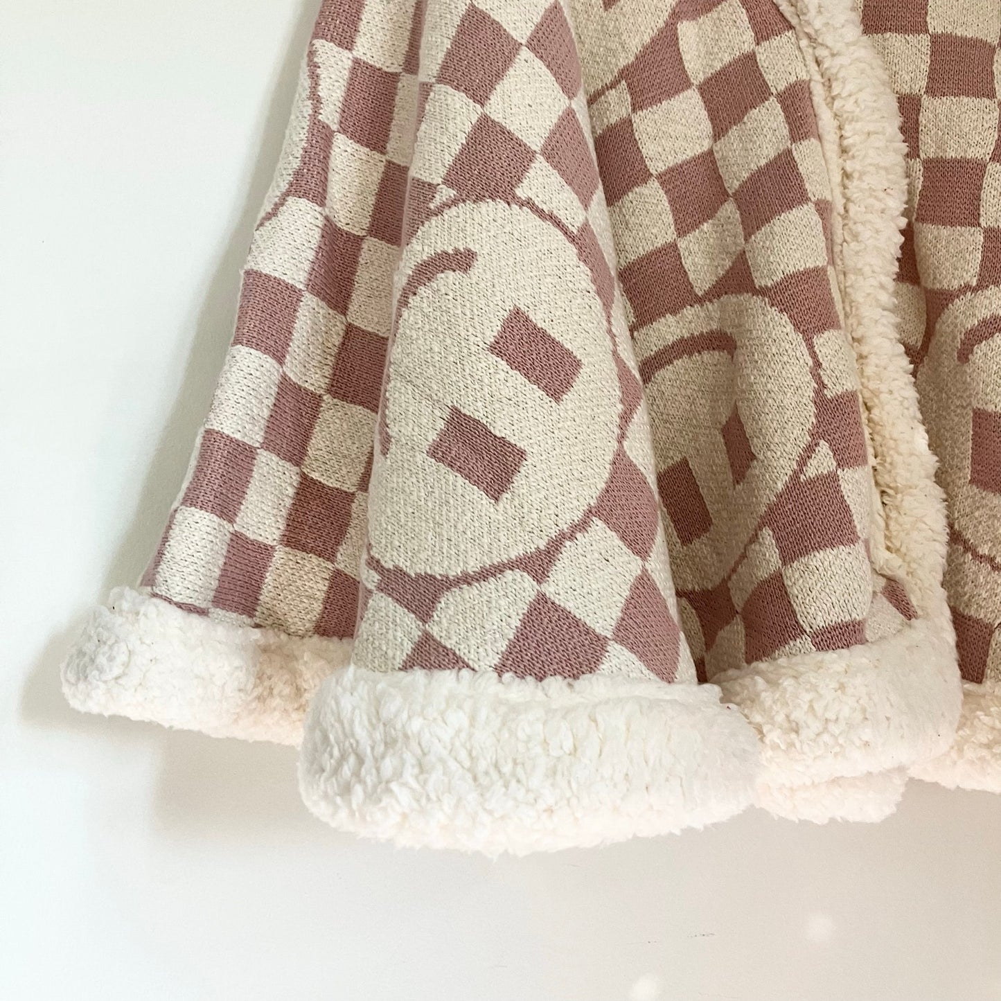 Shabby Chic Smiley Face Pink Rose White Checkered Fur Lined Shawl Tree Skirt