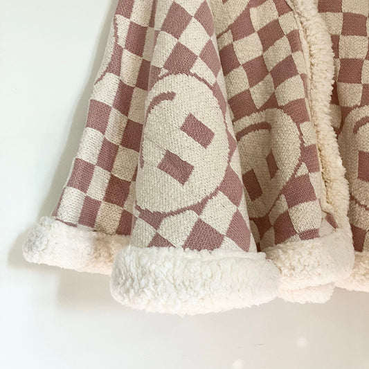 Shabby Chic Smiley Face Pink Rose White Checkered Fur Lined Shawl Tree Skirt