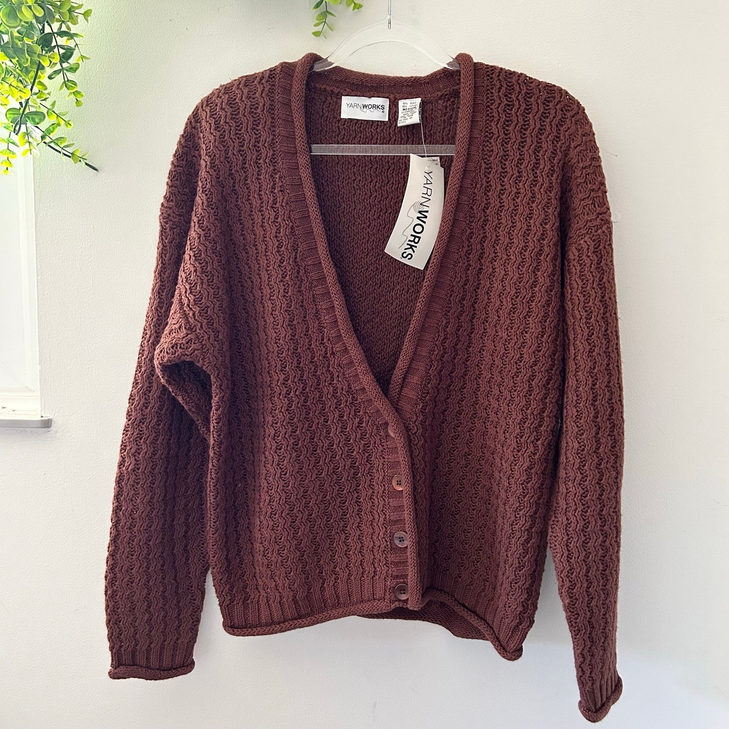 Vintage Yarn Works Cable Knit Grandpa Cardigan Sweater Brown New