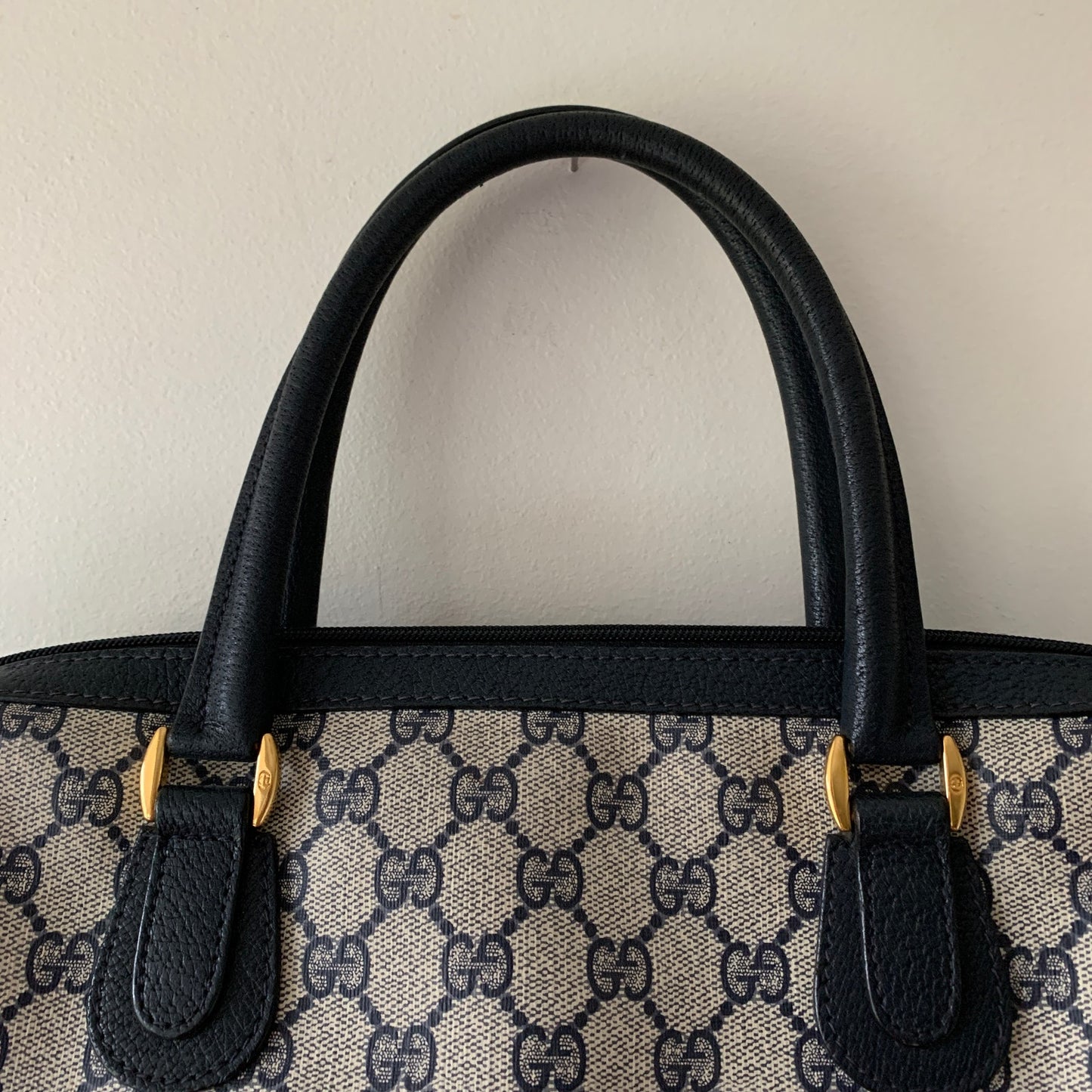 Vintage Gucci Boston Navy Blue Gray Handbag Purse Satchel Authentic