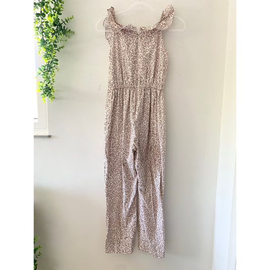 Gal Meets Glam Ruffle Neck Ditzy Floral Tan Cotton Jumpsuit