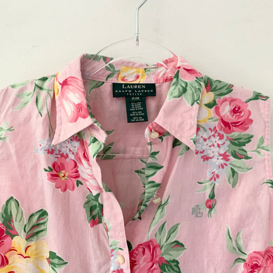 Ralph Lauren Pink Floral Tie Front Blouse Linen Petite 90s