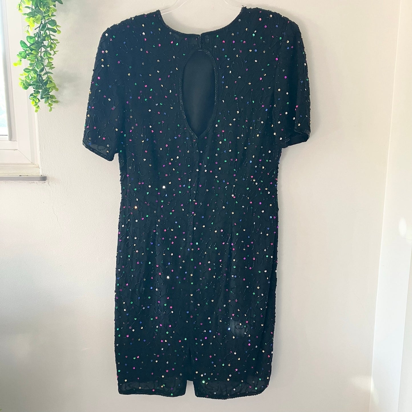 Stenay Vintage 1980s Beaded Confetti Sparkle Silk Black Dress Size 12