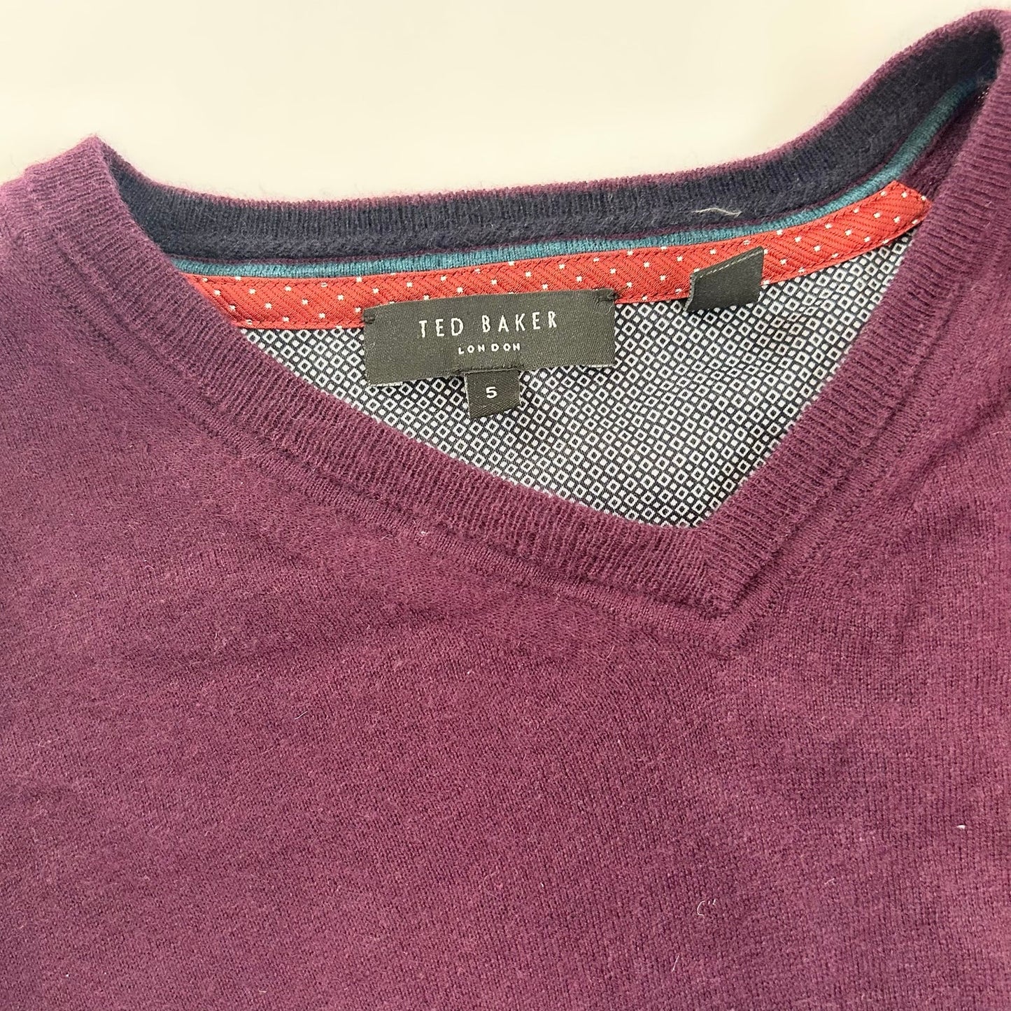 Ted Baker Wool Cashmere Silk Maroon Purple Plum Men's Pullover V Neck Sweater XL