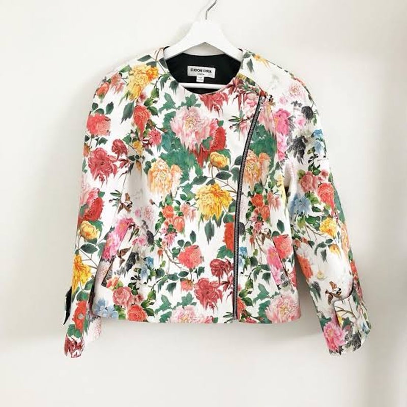 Eudon Choi Spring 2014 Cotton Leather Runway Floral Asymmetric Zip Jacket