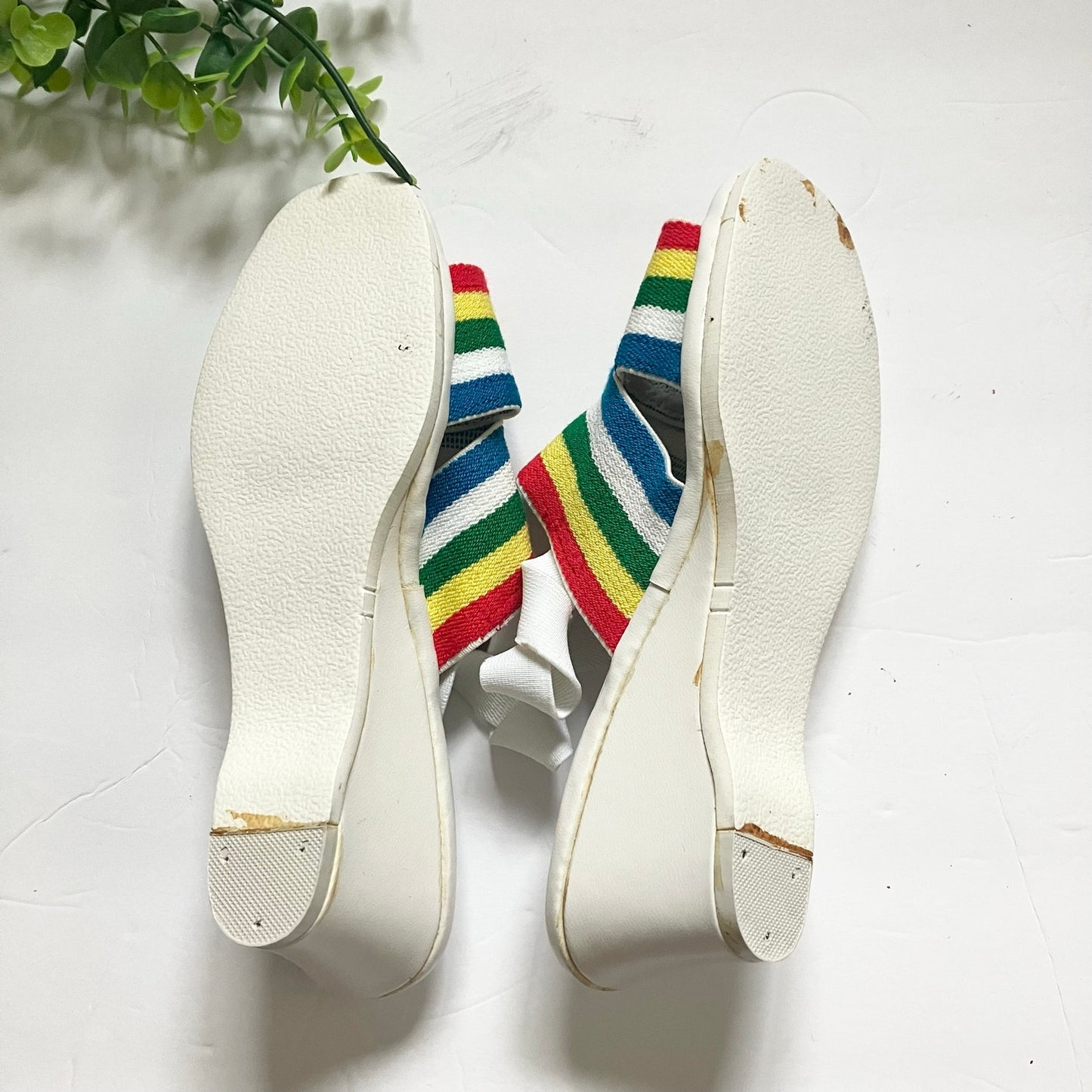 Vintage 70s 80s Rainbow Strap Wedge Sandals