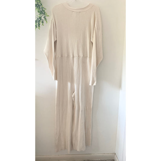 Eloquii Knit Ribbed Long Sleeve Jumpsuit Button Front Cropped Cream White 22-24