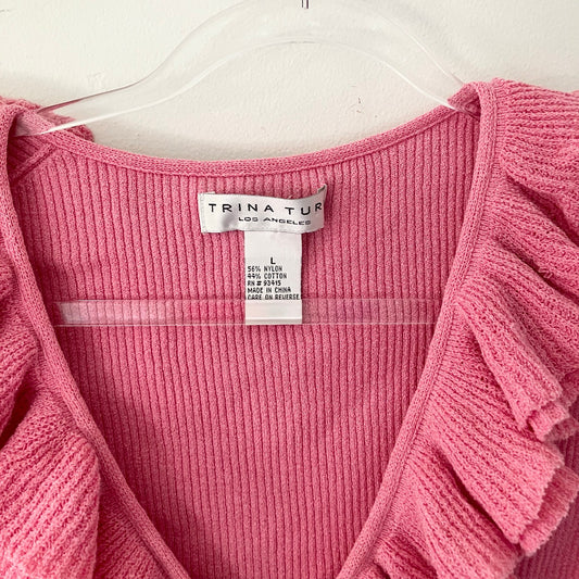 Trina Turk Pink Ruffle Front V Neck Knit Short Sleeve Blouse Top