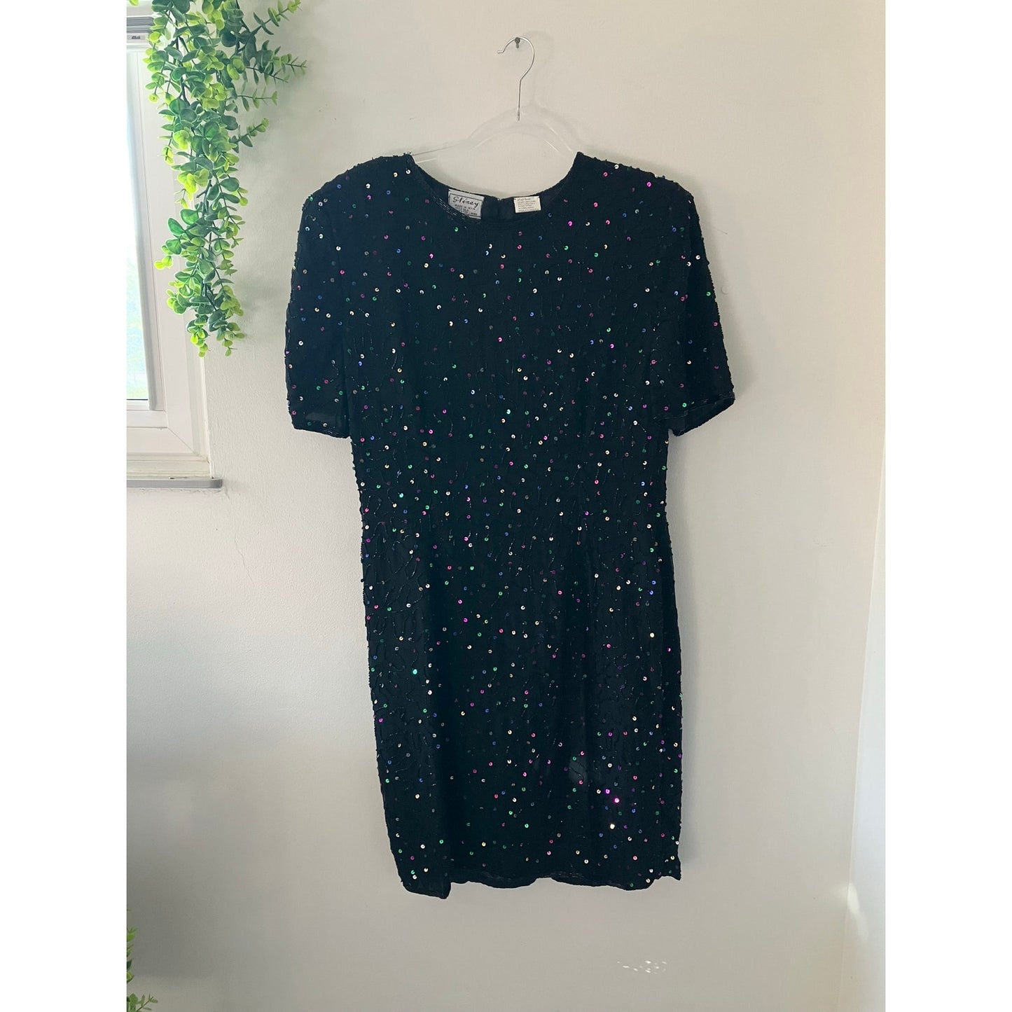 Stenay Vintage 1980s Beaded Confetti Sparkle Silk Black Dress Size 12