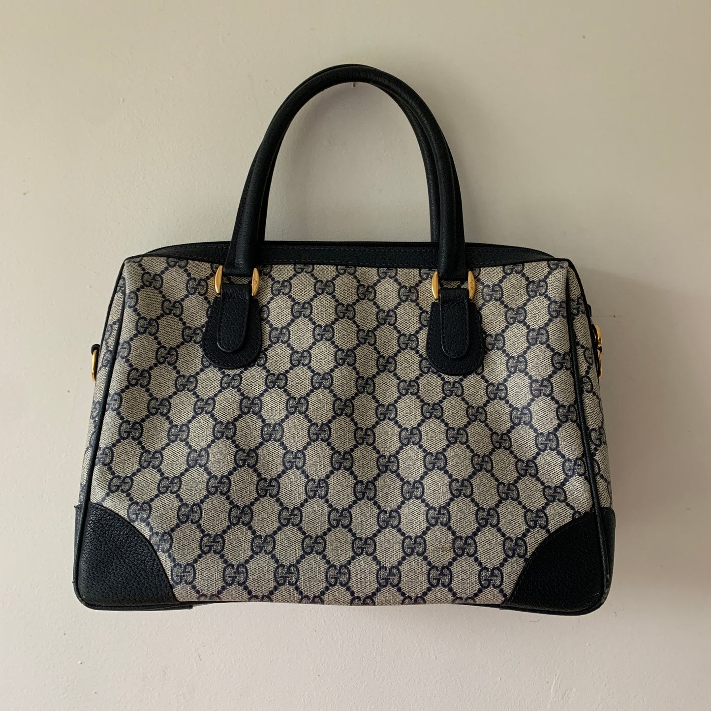 Vintage Gucci Boston Navy Blue Gray Handbag Purse Satchel Authentic