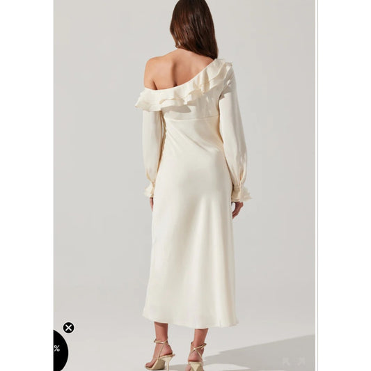 Astr The Label Coraline Satin Midi One Shoulder Draped Ivory Wedding Prom Dress