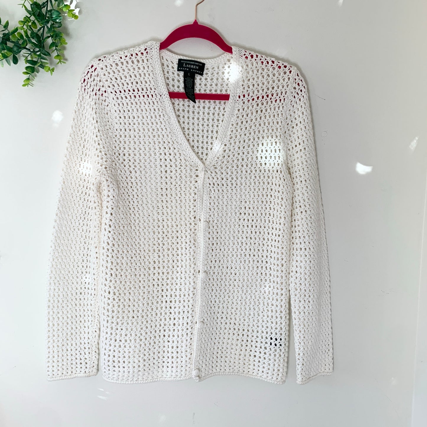 Ralph Lauren Exclusive Hand Knit White Button Front Cotton Cardigan Large