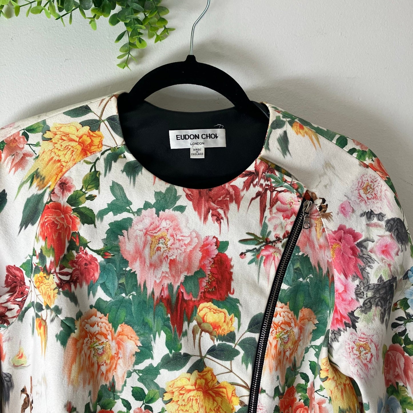 Eudon Choi Spring 2014 Cotton Leather Runway Floral Asymmetric Zip Jacket