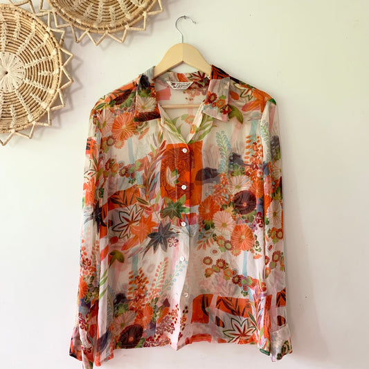 EQUIPMENT Hawaiian Silk Printed Blouse Button Up Shirt Orange Medium