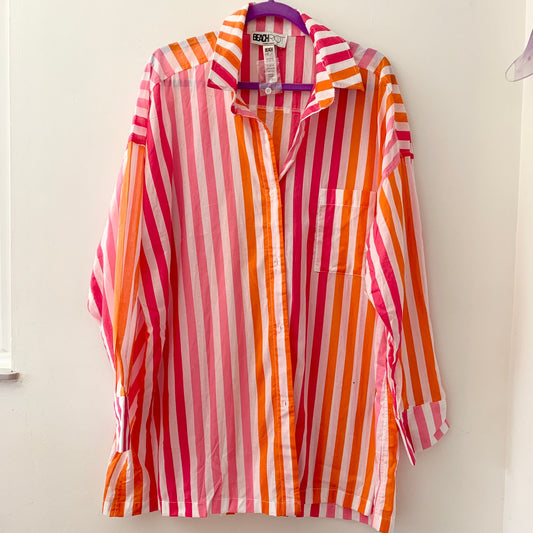 Beach Riot Alexa Pink White Orange Sunset Stripe Cotton Button Swim Top Shirt L