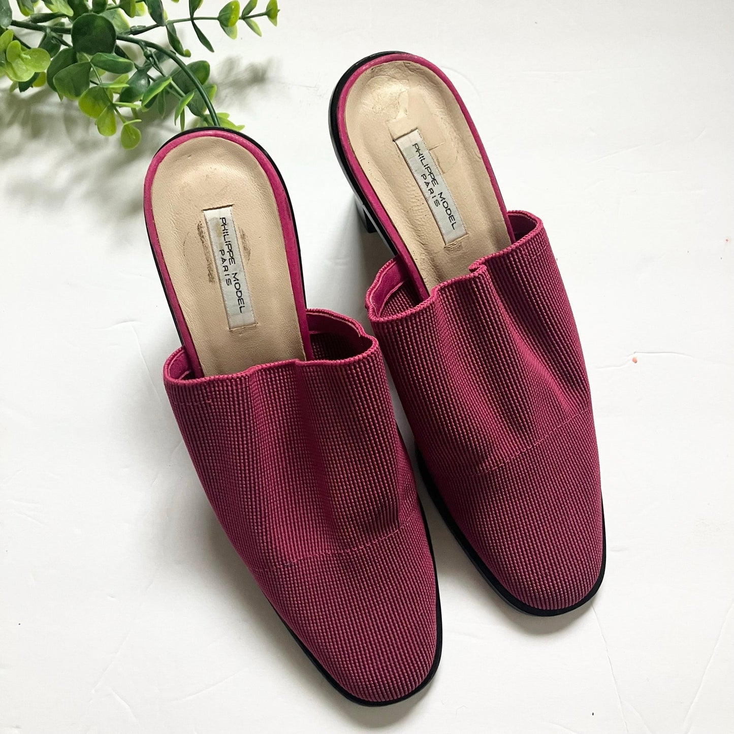 Phillipe Model Vintage Pink Ribbed Knit Mule Chunky Heel Leather Sole