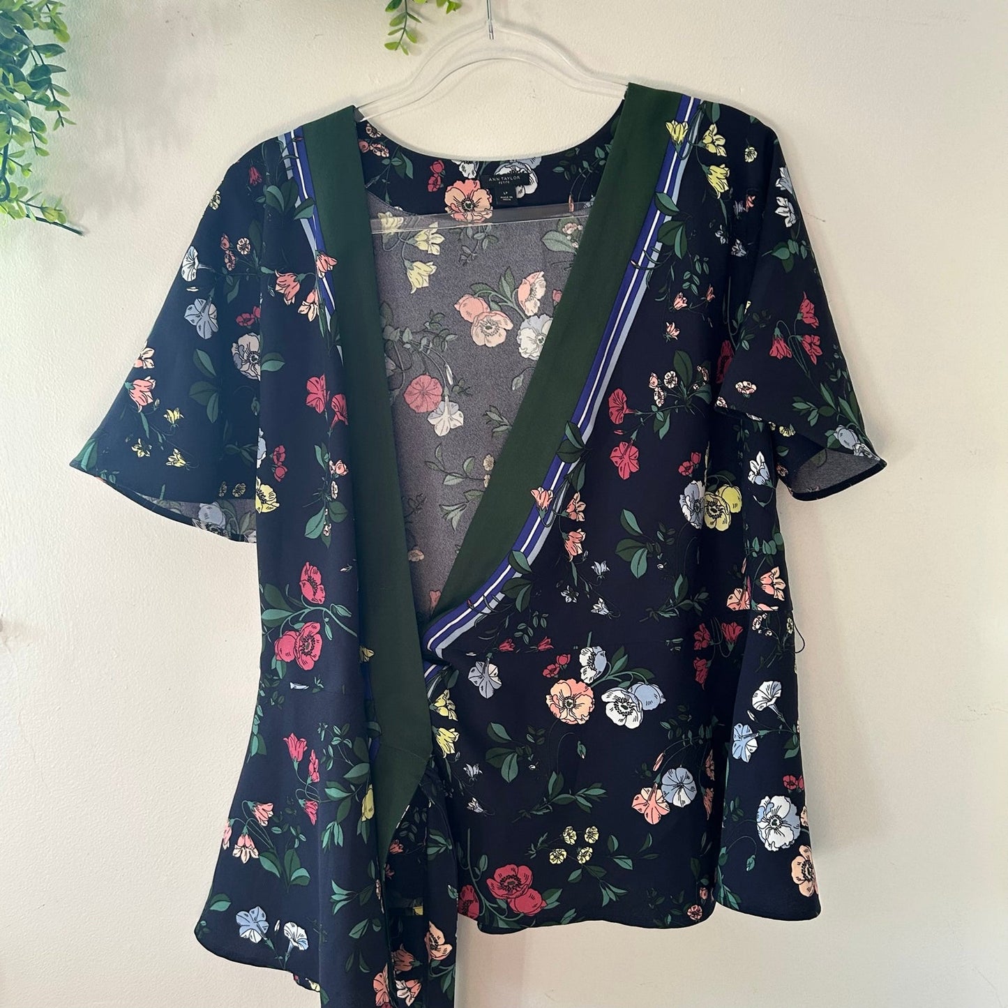 Ann Taylor Floral Flutter Sleeve Kimono Wrap Top Dark navy Floral Print Shirt
