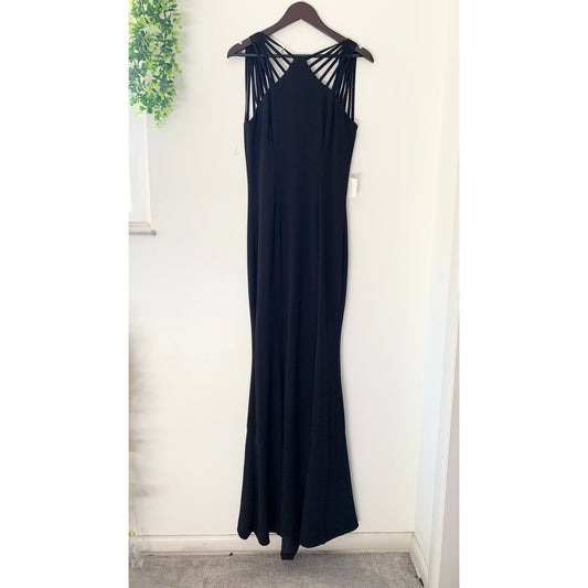 Dress the Population Harlow Crepe Long Black Strappy Gown New