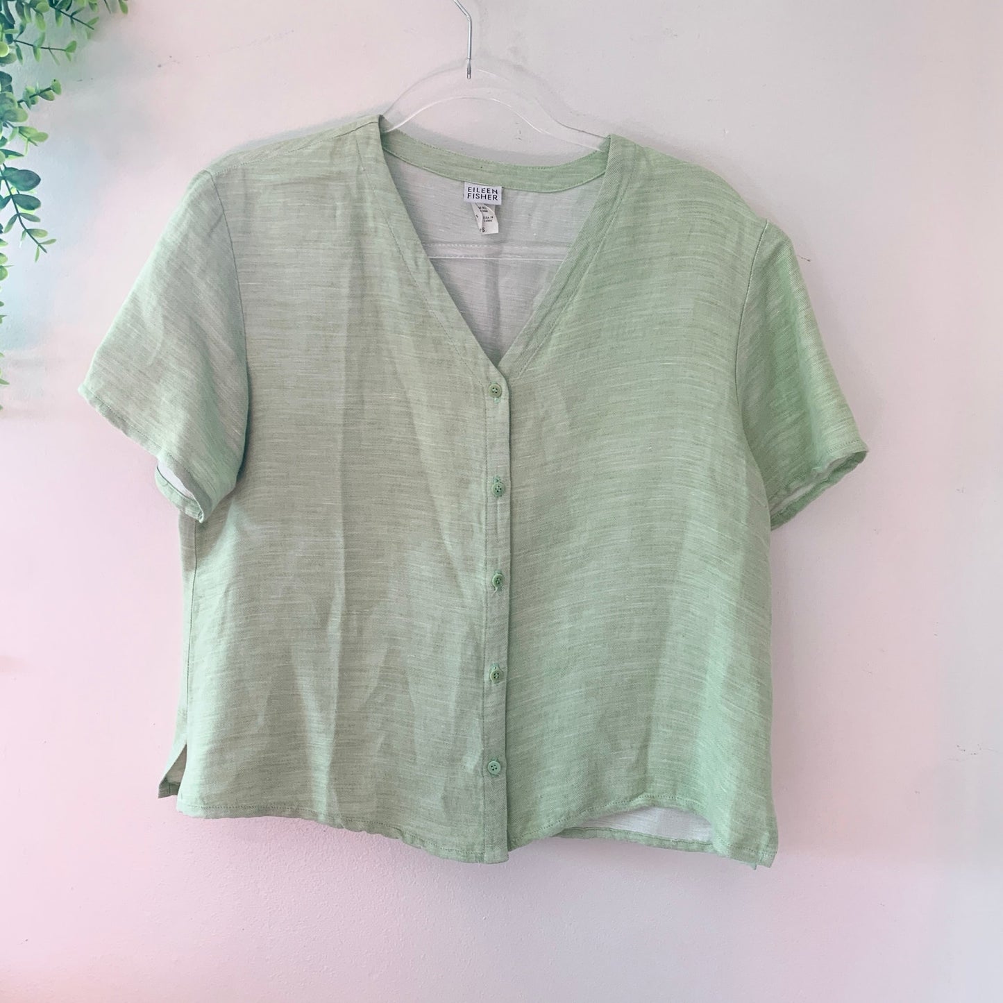 Eileen Fisher Green Relaxed Spring Linen Button Up Blouse