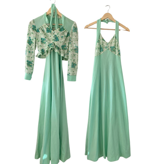 Vintage 1970s Union Made Mint Green Floral Halter Maxi Dress with Jacket