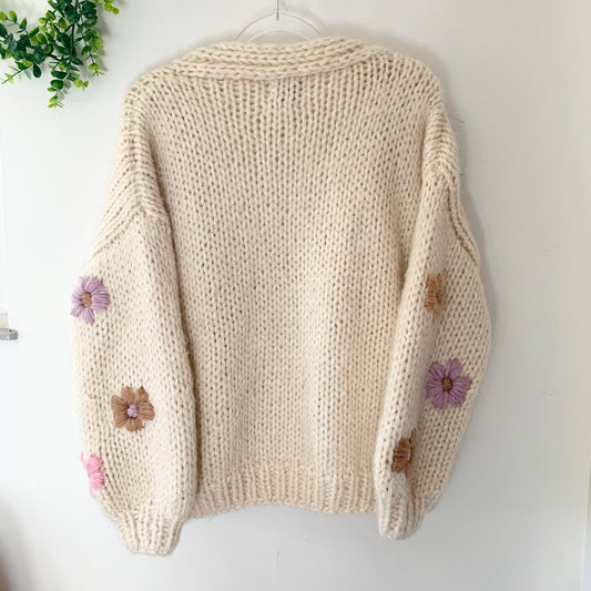 Frnch Flower Print Taya Cream Chunky Cardigan Sweater Small Medium