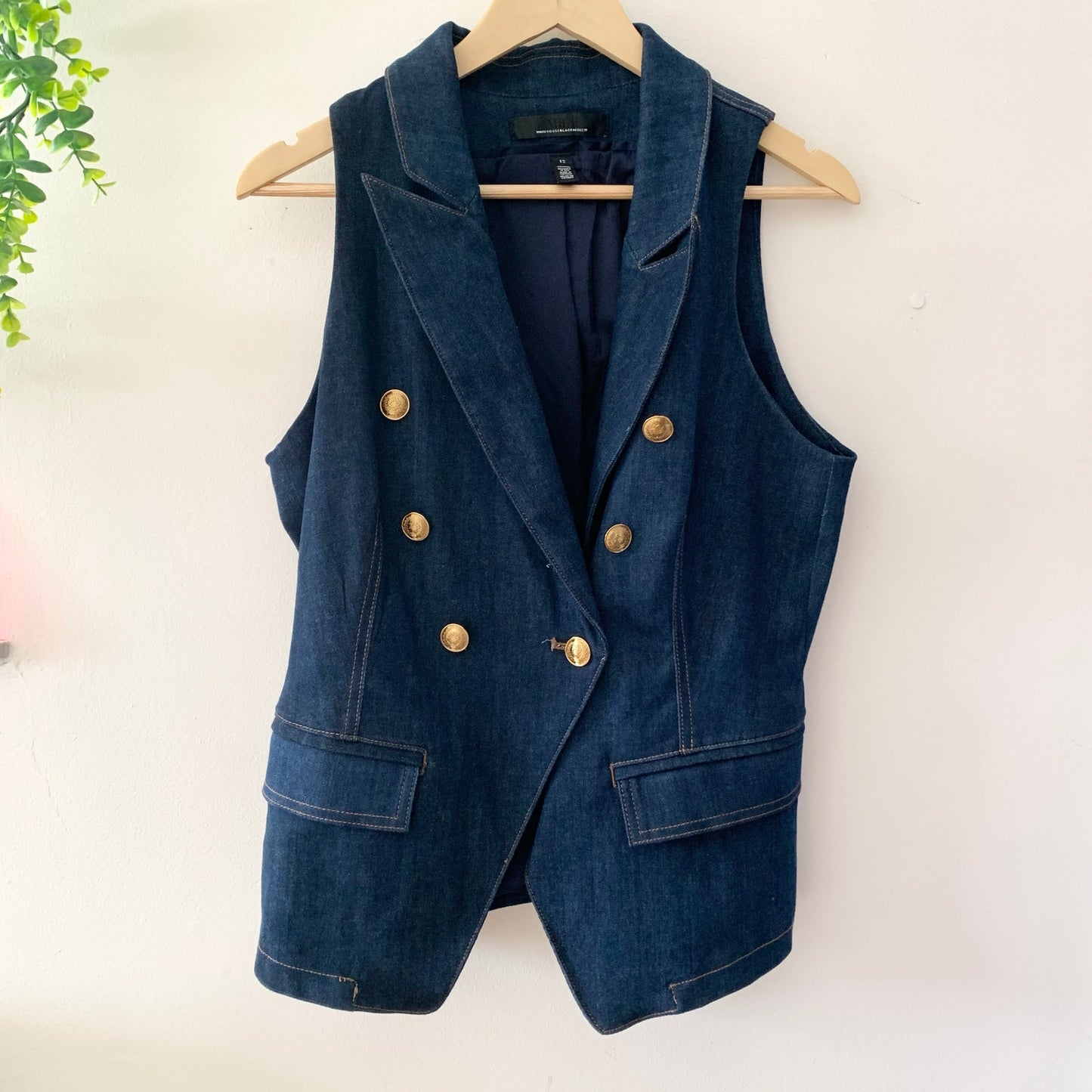 White House Black Market Tailored Denim Suiting Vest Gold Buttons Spring