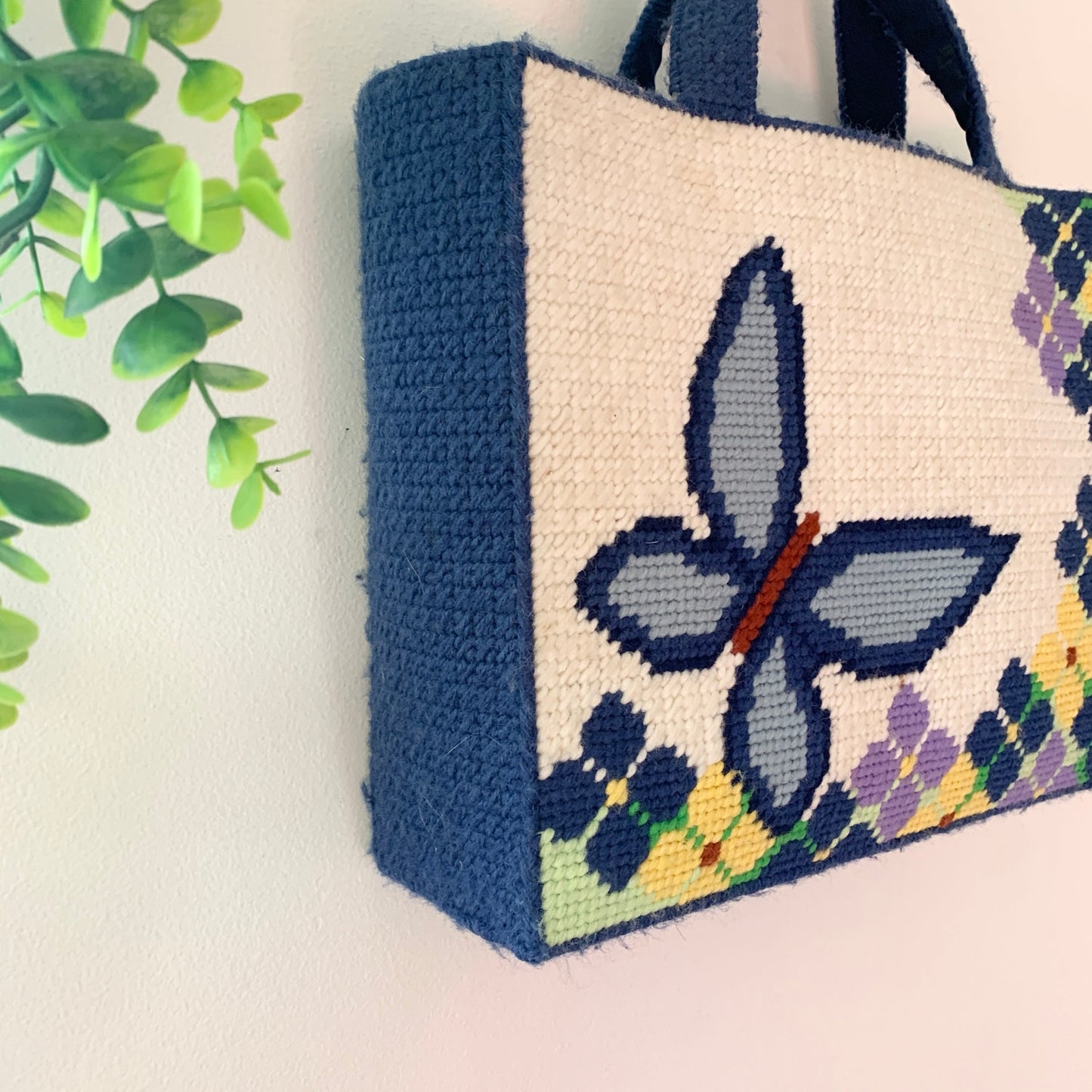 Vintage 1970s Needlepoint Butterfly Purse Tote Bag Blue White