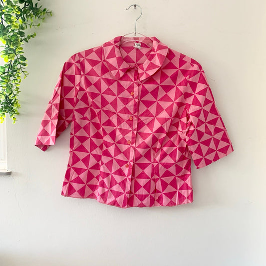 Vintage 1960s Pink Geometric Print Button Down Cotton Blouse