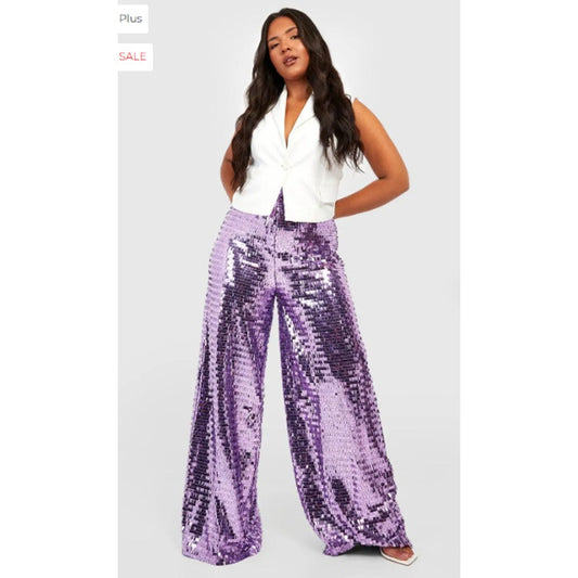 Boohoo Plus Purple Lilac Sequin Wide Leg Floor Sweeping Trousers Size 24