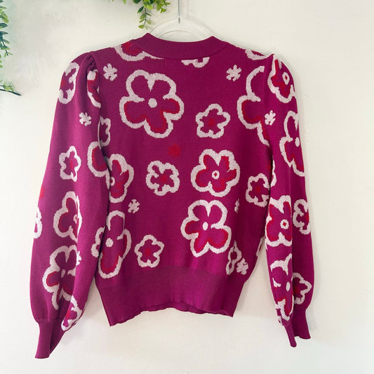 Magenta White Floral Print Crewneck Knit Sweater Rich & Famous
