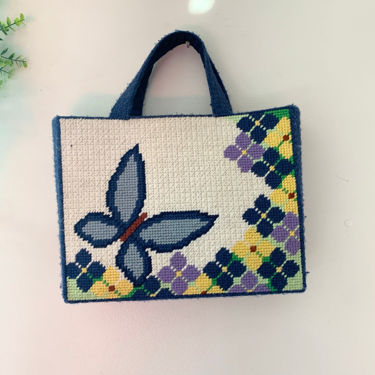 Vintage 1970s Needlepoint Butterfly Purse Tote Bag Blue White