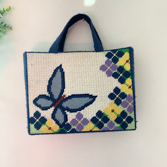 Vintage 1970s Needlepoint Butterfly Purse Tote Bag Blue White