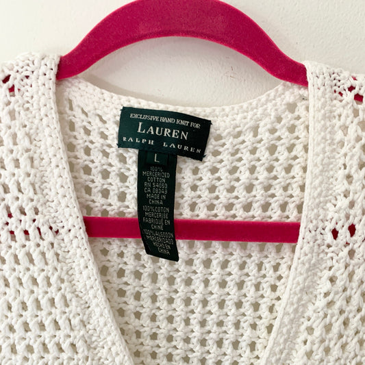 Ralph Lauren Exclusive Hand Knit White Button Front Cotton Cardigan Large