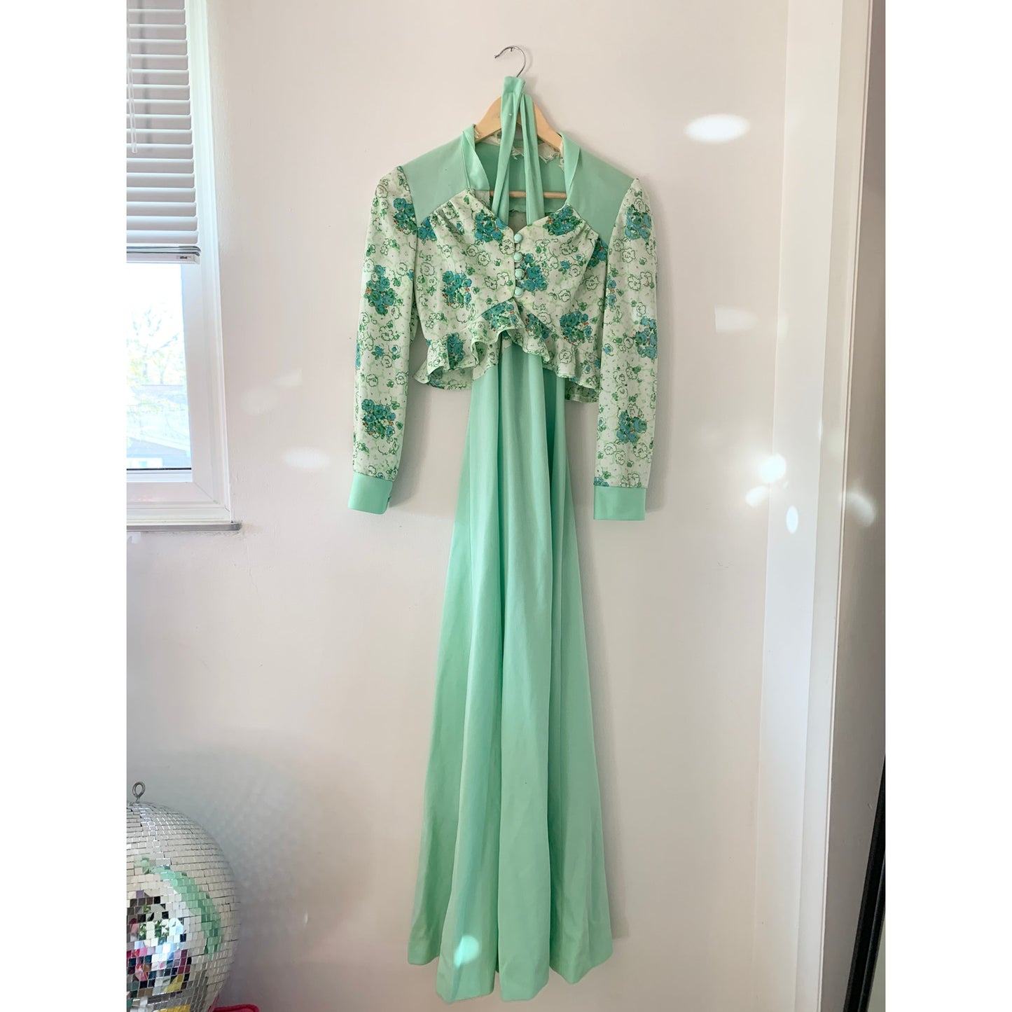 Vintage 1970s Union Made Mint Green Floral Halter Maxi Dress with Jacket