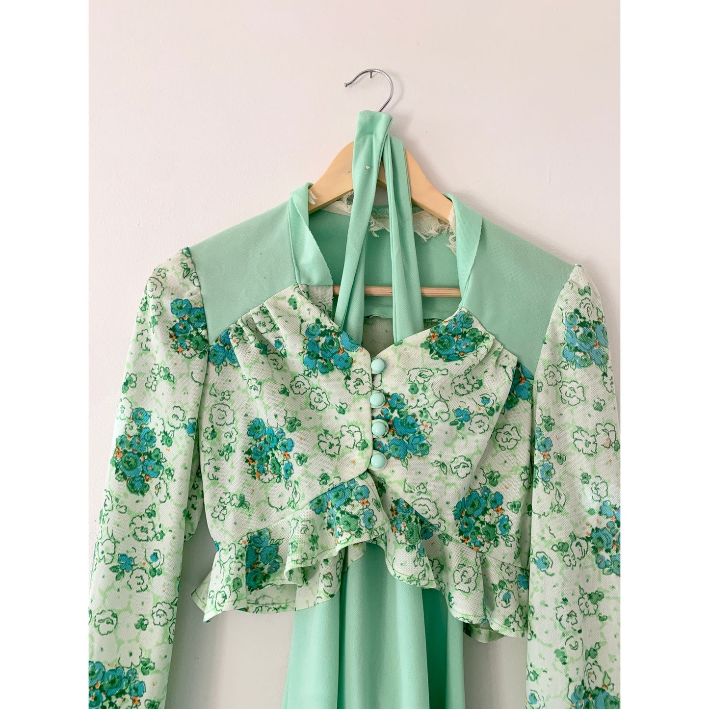 Vintage 1970s Union Made Mint Green Floral Halter Maxi Dress with Jacket