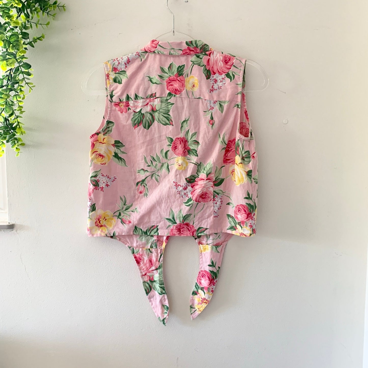 Ralph Lauren Pink Floral Tie Front Blouse Linen Petite 90s