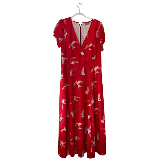 eShakti Whimsical Bird Print Red Maxi Dress 1X