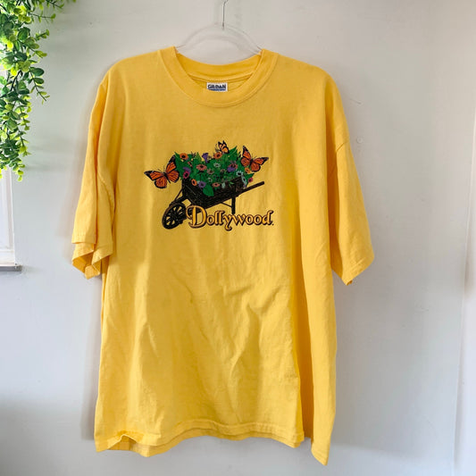 Vintage Dollywood Butterfly Garden Flower Embroidered Yellow T-Shirt XXL