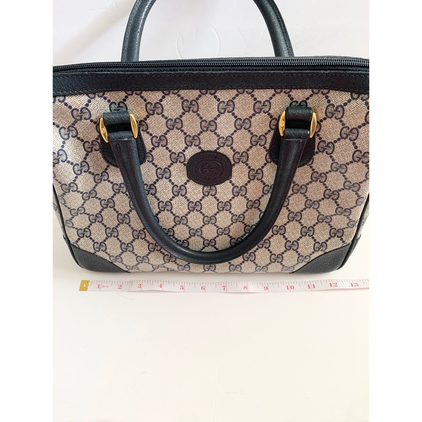 Vintage Gucci Boston Navy Blue Gray Handbag Purse Satchel Authentic