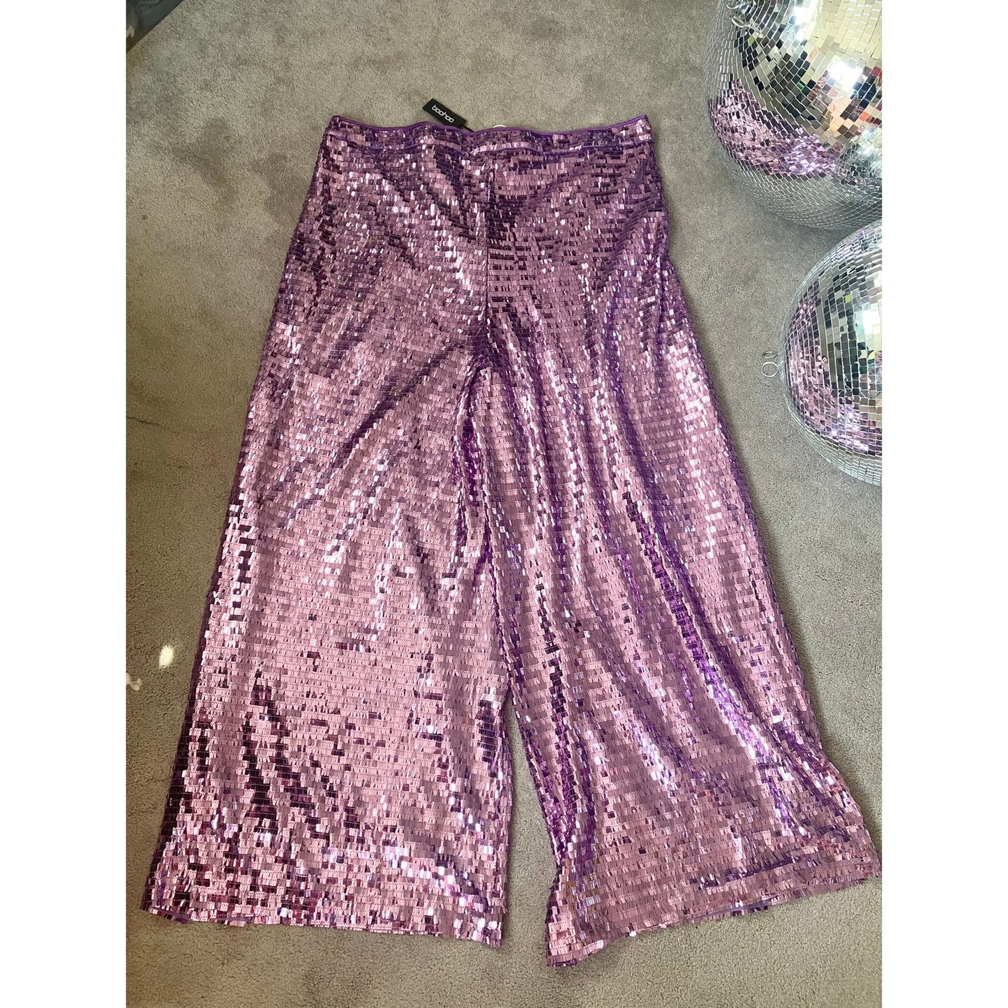 Boohoo Plus Purple Lilac Sequin Wide Leg Floor Sweeping Trousers Size 24