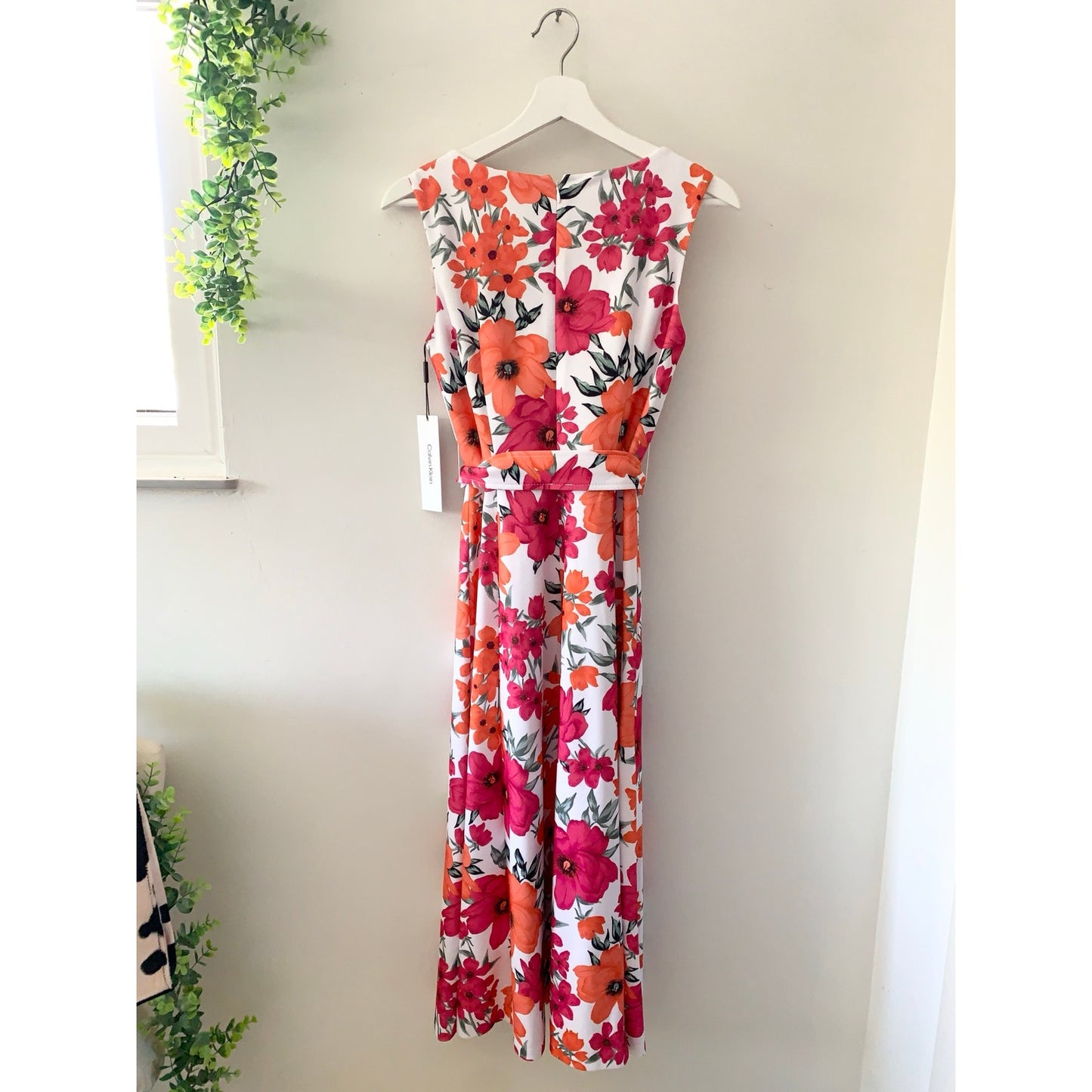 Calvin Klein White Floral Print Sleeveless Midi Dress Belted Waist
