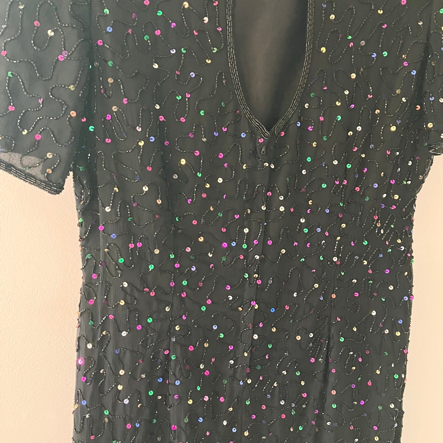 Stenay Vintage 1980s Beaded Confetti Sparkle Silk Black Dress Size 12