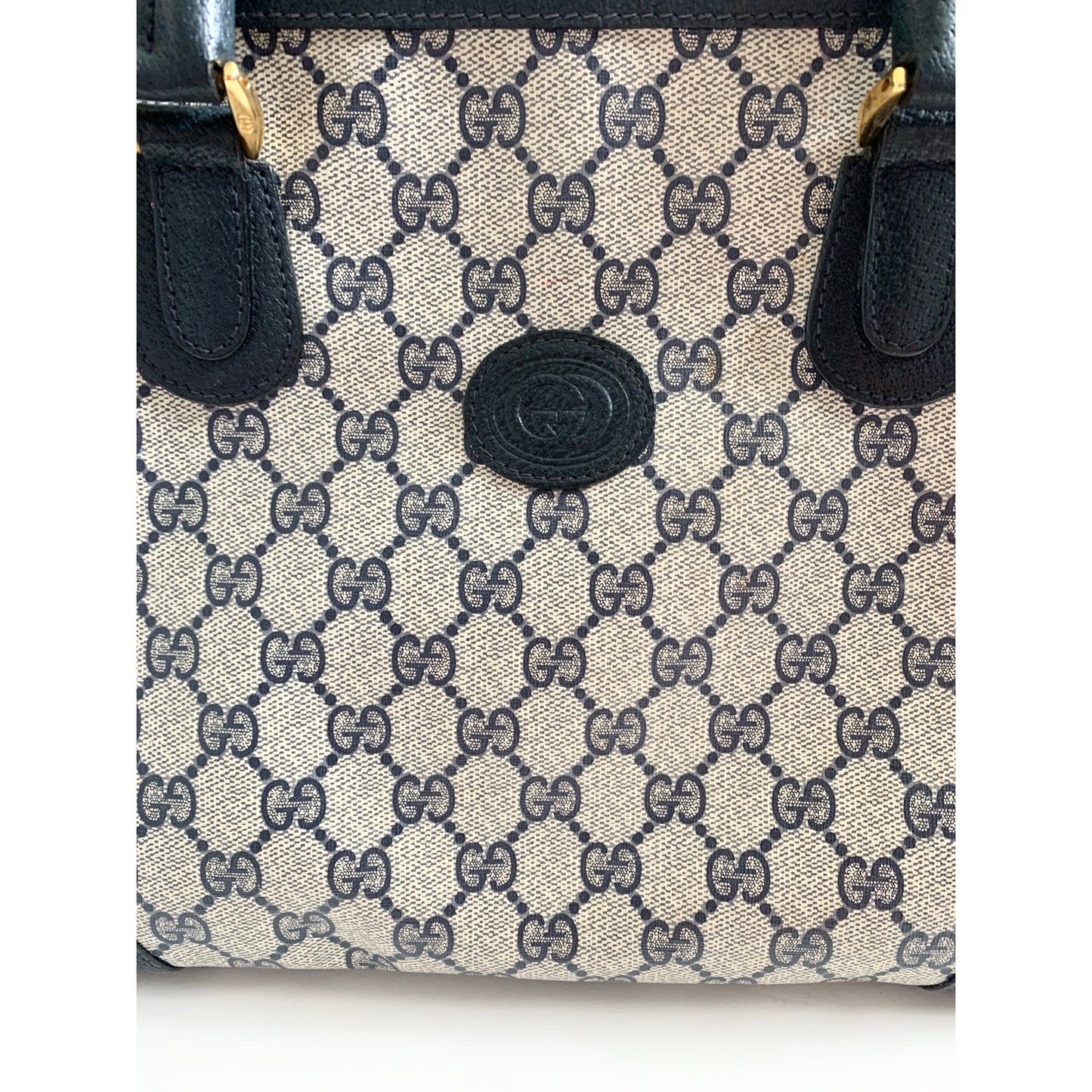 Vintage Gucci Boston Navy Blue Gray Handbag Purse Satchel Authentic