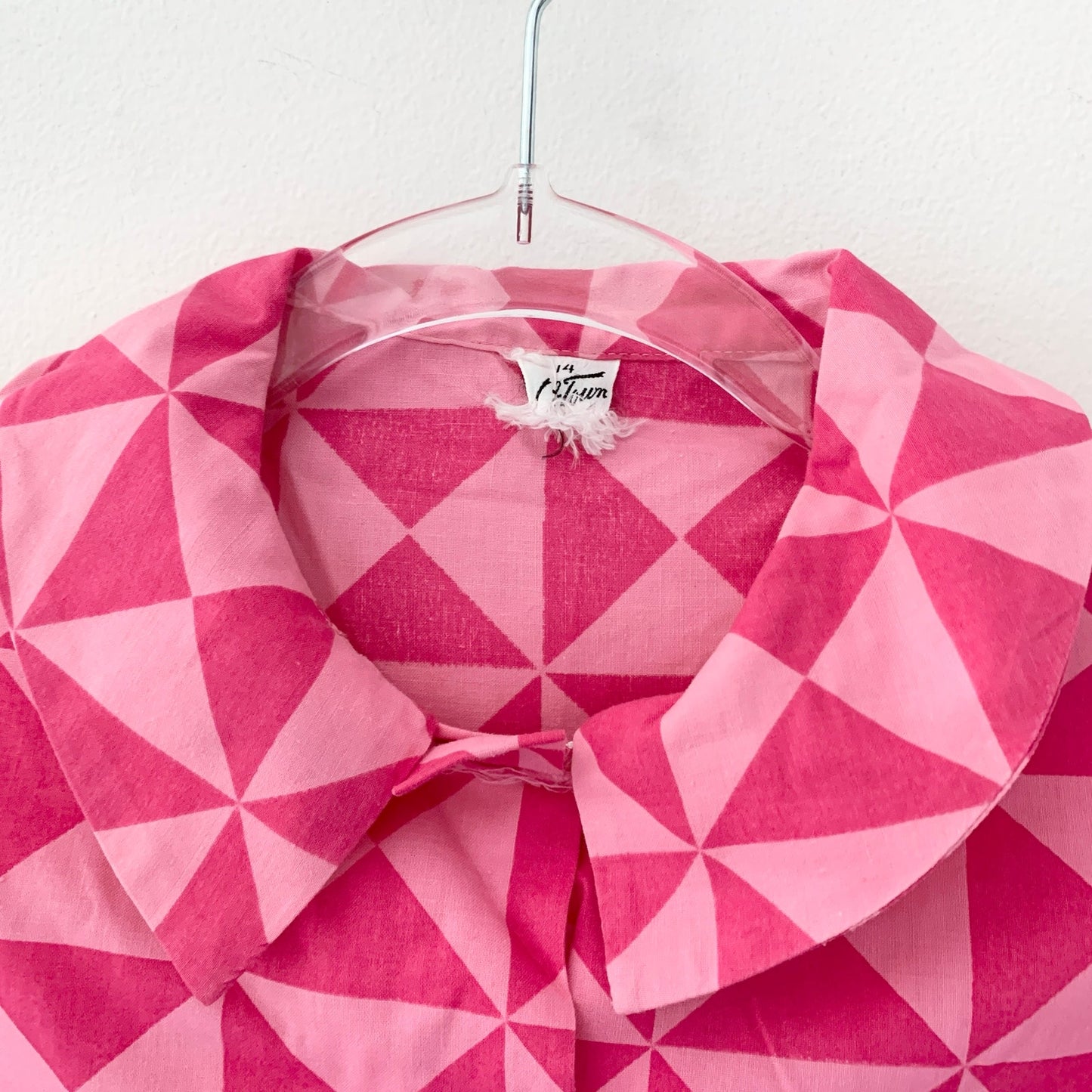 Vintage 1960s Pink Geometric Print Button Down Cotton Blouse