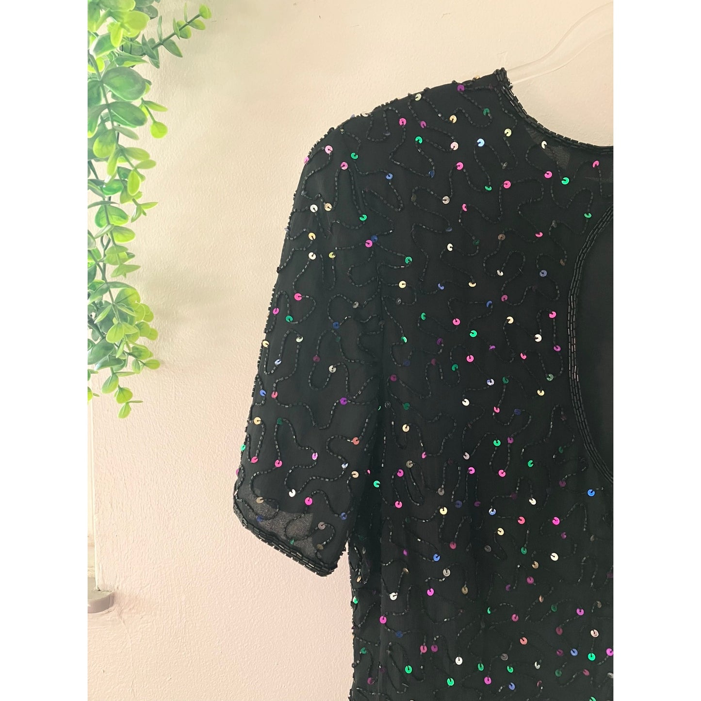 Stenay Vintage 1980s Beaded Confetti Sparkle Silk Black Dress Size 12