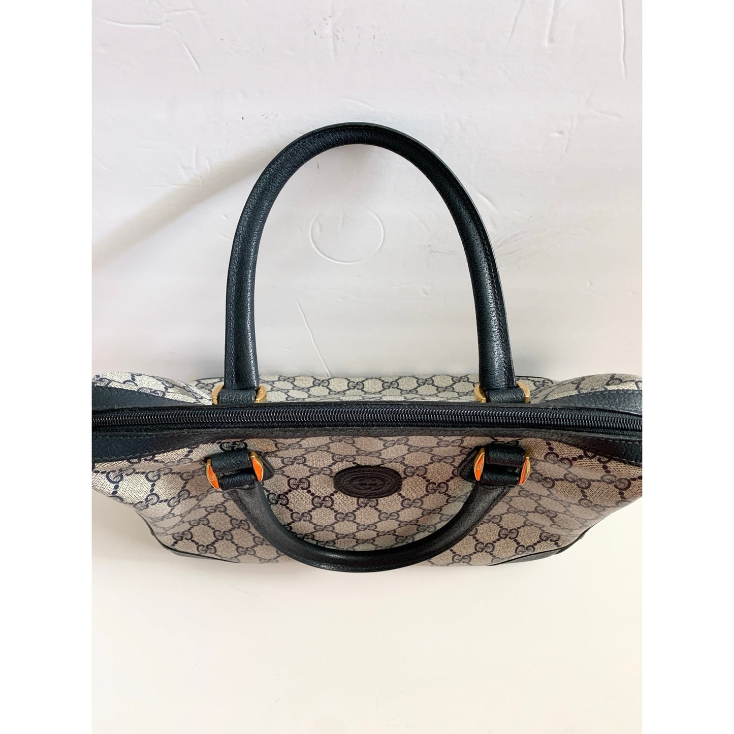 Vintage Gucci Boston Navy Blue Gray Handbag Purse Satchel Authentic