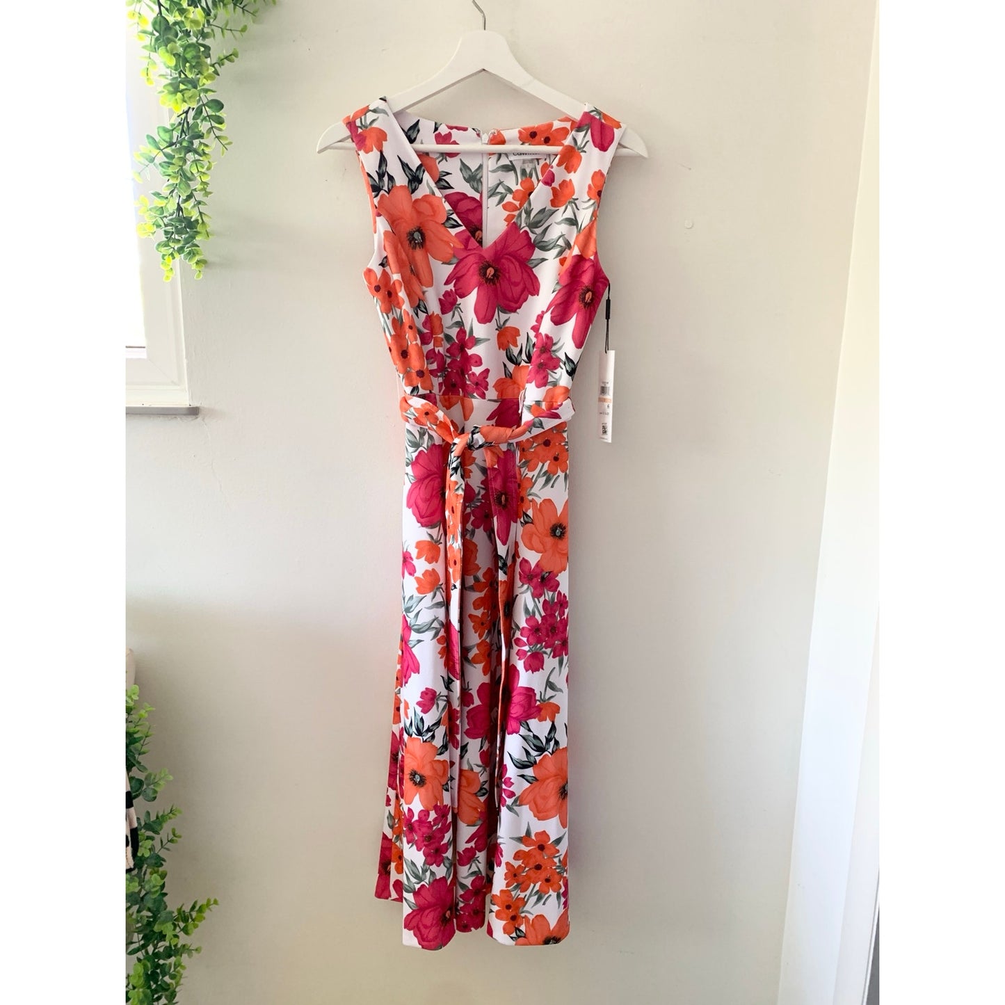 Calvin Klein White Floral Print Sleeveless Midi Dress Belted Waist