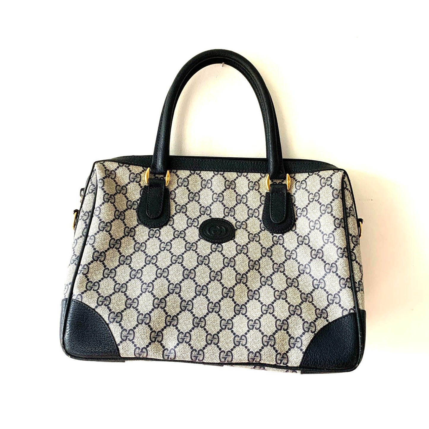 Vintage Gucci Boston Navy Blue Gray Handbag Purse Satchel Authentic